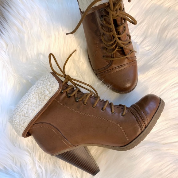 Mia Shoes - MIA | Lace Up Heel Boot with Fur Cuff